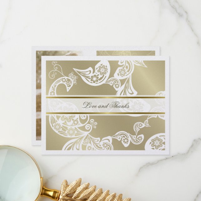 Boho Paisley Floral Peacock Elegant Gold Wedding Thank You Card (Front/Back In Situ)