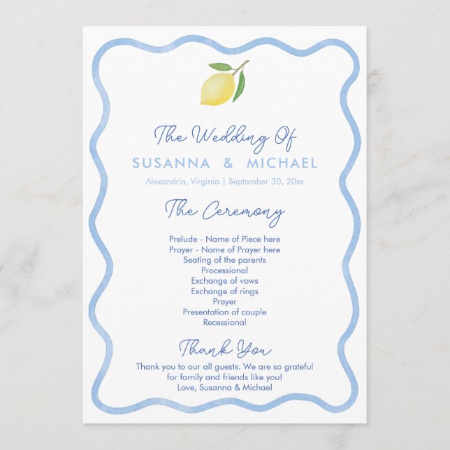 Boho Pale Blue Wavy Border Lemons Wedding Program (Front)