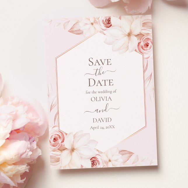 Boho Pale Pink Roses Save the Date Card (Boho Pale Pink Roses Save the Date Card on table with pink roses.)