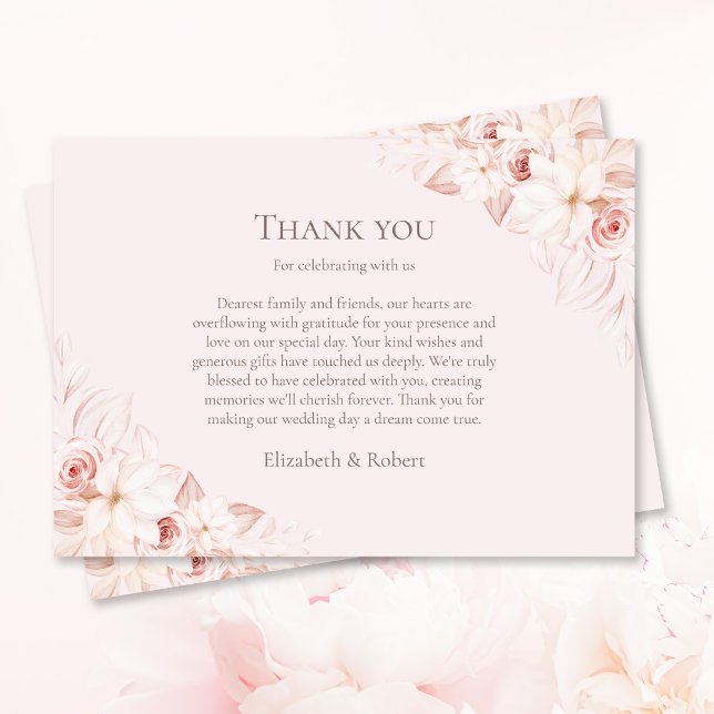 Boho Pale Pink Roses Wedding Thank You Card (Boho Pale Pink Roses Wedding Thank You Card on table with pink roses.)
