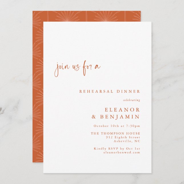 Boho Palm Botanical Terracotta Rehearsal Dinner Invitation (Front/Back)
