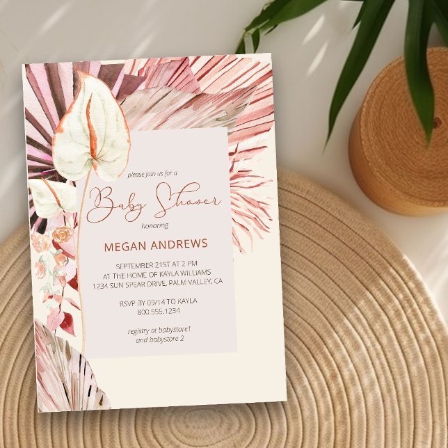 Boho Palm Dried Foliage Neutral Baby Shower Invitation (Neutral Baby Shower Invitation with boho palm leaves)