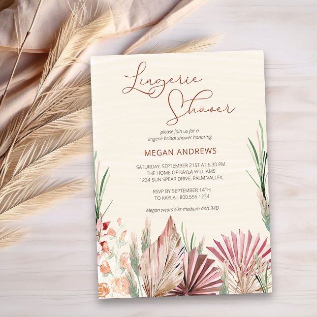 Boho Palm Dried Tropical Foliage Lingerie Shower Invitation (Lingerie Bridal Shower Invitation with boho dried foliage and flowers)