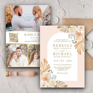 Boho Palm Dusty Earthy Floral Arch QR Code Wedding Invitation