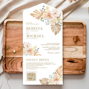 Boho Palm Dusty Earthy Floral QR Code Wedding All In One Invitation