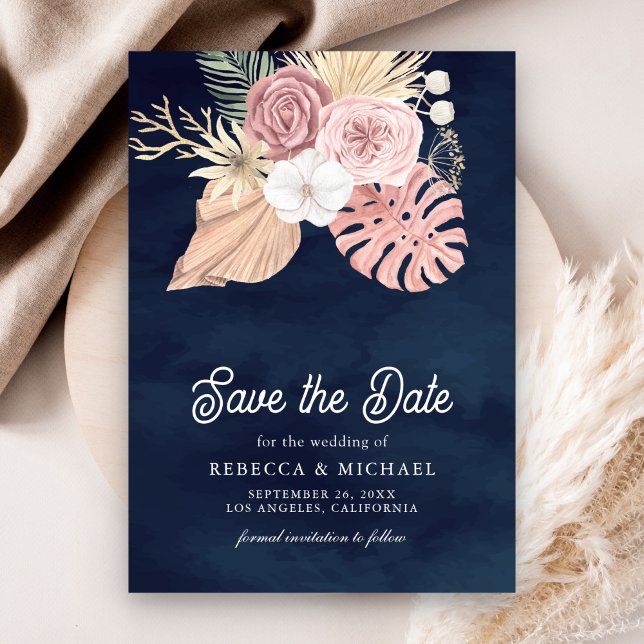 Boho Palm Dusty Pink Roses Navy Blue Wedding Save The Date (Creator Uploaded)