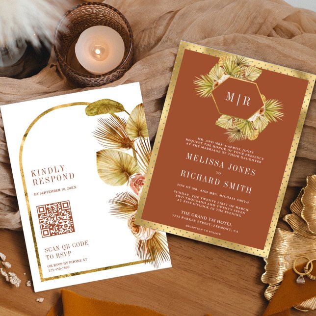Boho Palm Earthy Floral Terracotta QR Code Wedding Invitation (Creator Uploaded)
