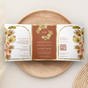 Boho Palm Earthy Floral Terracotta QR Code Wedding Tri-Fold Invitation