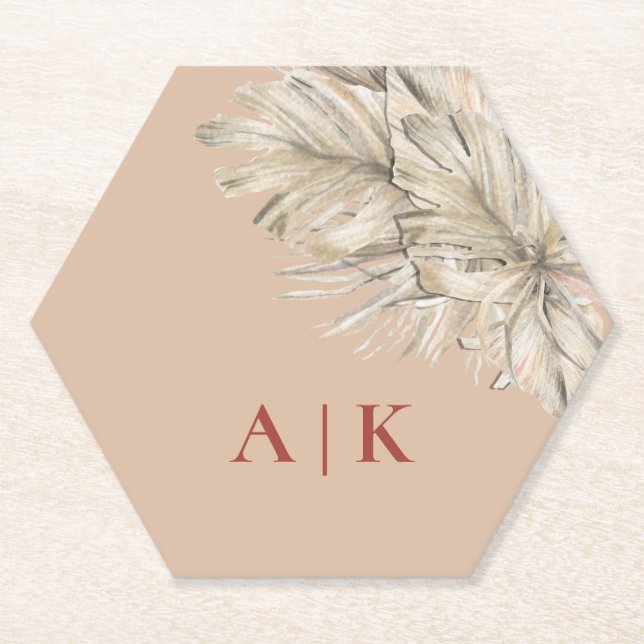 Boho Palm Hexagon Blush Monogrammed Paper Coaster (Front)