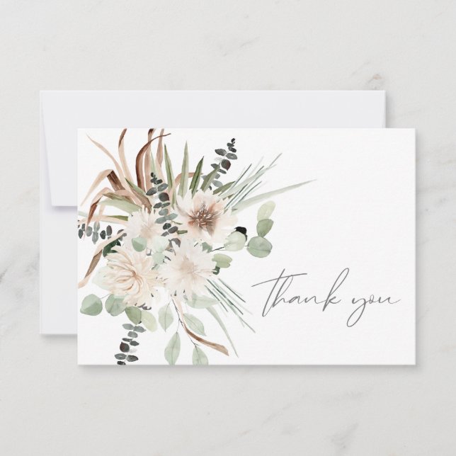 Boho Palm Leaf Eucalyptus & Beige Floral Thank You Card (Front)