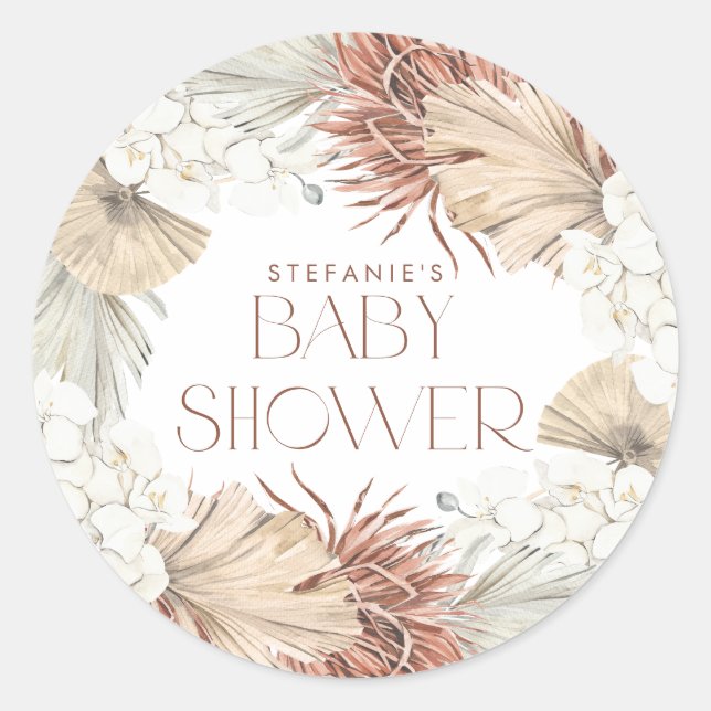 Boho Palm Leaves and Orchids Wreath Baby Shower Classic Round Sticker (Front)