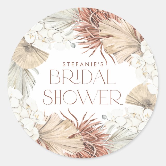 Boho Palm Leaves and Orchids Wreath Bridal Shower Classic Round Sticker (Front)
