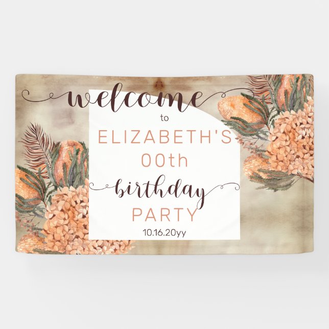 Boho Palm Leaves Hydrangea Birthday Party Welcome Banner (Horizontal)