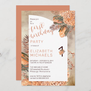 Boho Palm Leaves   Hydrangeas 1st Birthday Party Invitation