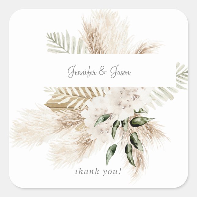 Boho Palm Pampas & Beige Floral Thank You Square Sticker (Front)