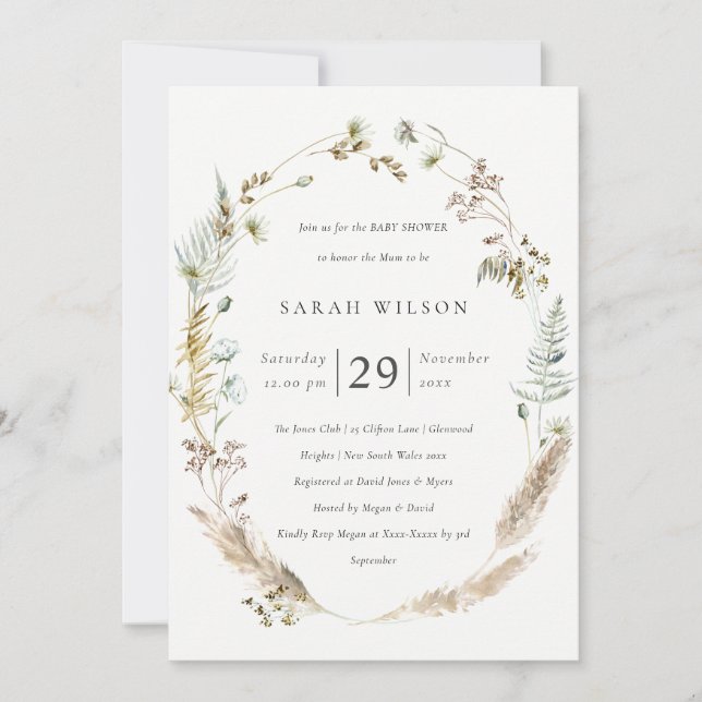 Boho Palm Pampas Grass Floral Baby Shower Invite (Front)