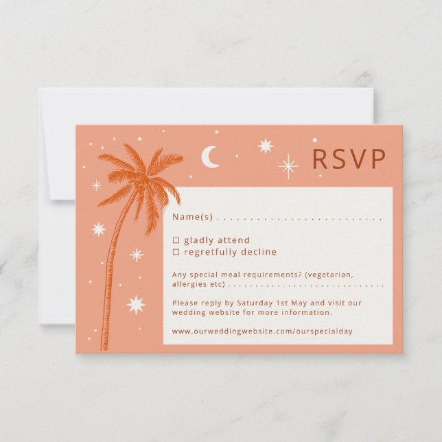 Boho Palm Springs Orange Wedding RSVP card (Front)