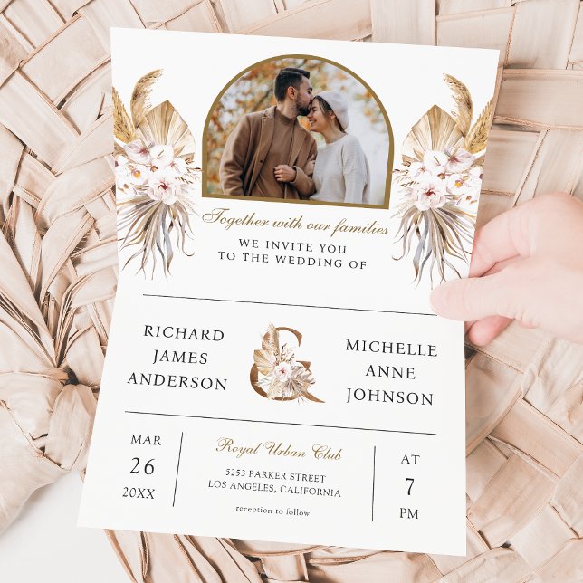 Boho Pampas Arch Photo All in One QR Code Wedding Invitation (Creator Uploaded)
