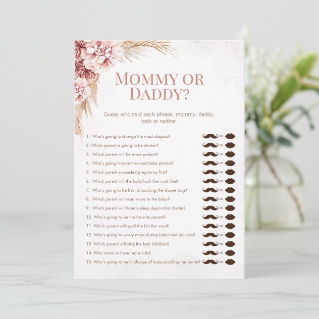 Boho Pampas Baby Shower Mommy Daddy Game Card (Standing Front)