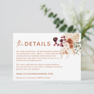 Boho Pampas Burnt Orange Wedding Details Card