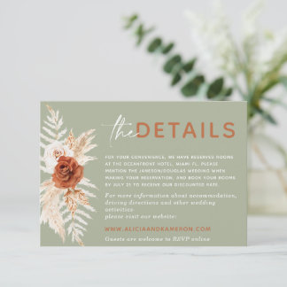 Boho Pampas Burnt Orange Wedding Details Card