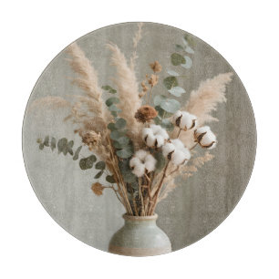 Boho Pampas Cotton Eucalyptus Neutral Floral Cutting Board