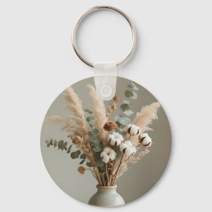 Boho Pampas Cotton Eucalyptus Neutral Floral Key Ring