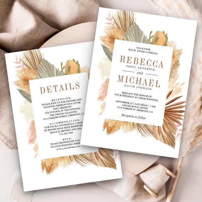 Boho Pampas Dried Palm All in One Wedding Invitation (Creator Uploaded)