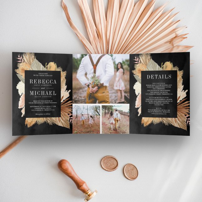 Boho Pampas Dried Palm Photo Collage Black Wedding Tri-Fold Invitation (Creator Uploaded)