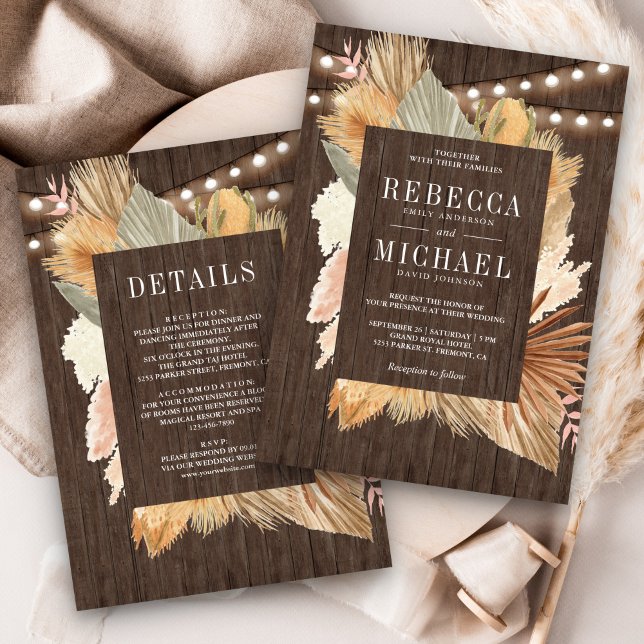 Boho Pampas Dried Palm Wood All in One Wedding Invitation (Creator Uploaded)