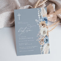 boho pampas dusty blue floral baptism invitation