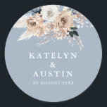 boho pampas dusty blue wedding classic round sticker<br><div class="desc">boho pampas dusty blue flowers. The text details and colours can be edited.</div>