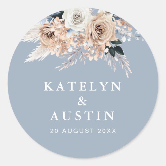 boho pampas dusty blue wedding classic round sticker (Front)