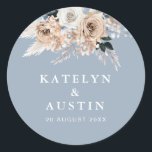 boho pampas dusty blue wedding classic round sticker<br><div class="desc">boho pampas dusty blue flowers. The text details and colours can be edited.</div>