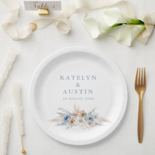 boho pampas dusty blue wedding paper plate