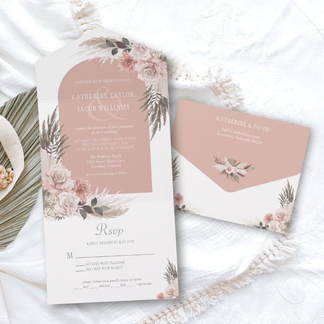 Boho Pampas Dusty Pink Floral Wedding All In One Invitation (blush pink boho pampas grass wedding invitations)