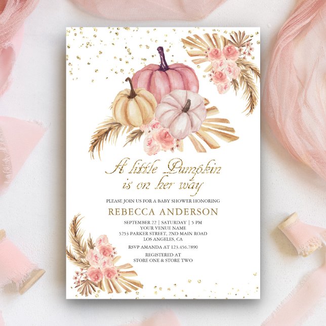 Boho Pampas Dusty Pink Roses Pumpkin Baby Shower Invitation (Creator Uploaded)