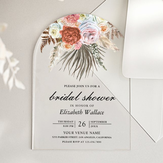 Boho Pampas Earthy Floral Terracotta Bridal Shower Acrylic Invitations (Creator Uploaded)