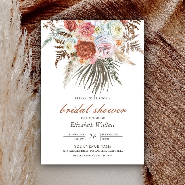 Boho Pampas Earthy Floral Terracotta Bridal Shower Invitation (Creator Uploaded)