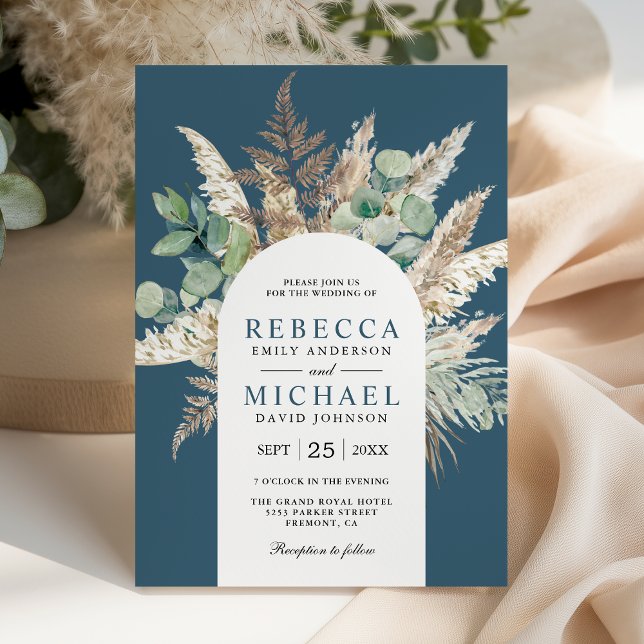 Boho Pampas Eucalyptus Arch Dusty Blue Wedding Invitation (Creator Uploaded)