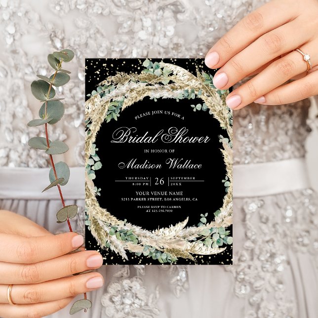 Boho Pampas Eucalyptus Wreath Black Bridal Shower Invitation (Creator Uploaded)