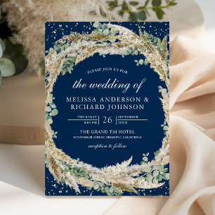 Boho Pampas Eucalyptus Wreath Navy Blue Wedding Invitation