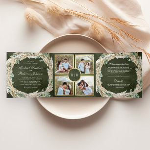 Boho Pampas Eucalyptus Wreath Sage Green Wedding Tri-Fold Invitation