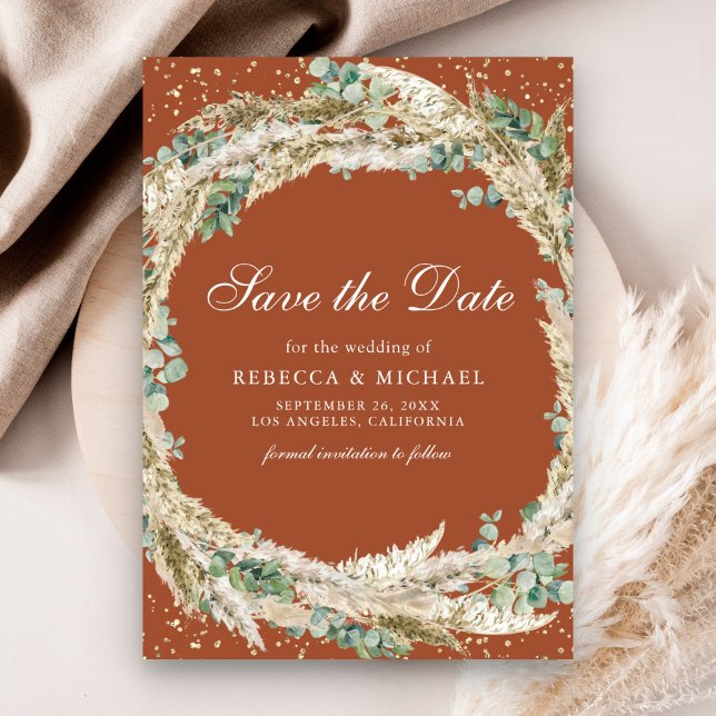 Boho Pampas Eucalyptus Wreath Terracotta Wedding Save The Date (Creator Uploaded)