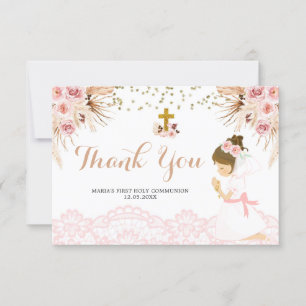 Boho Pampas First Communion Thank You Card