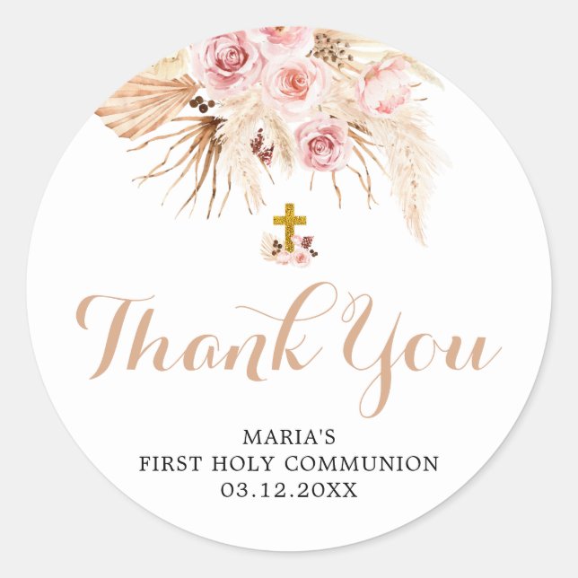 Boho Pampas First Holy Communion Thank You Sticker (Front)