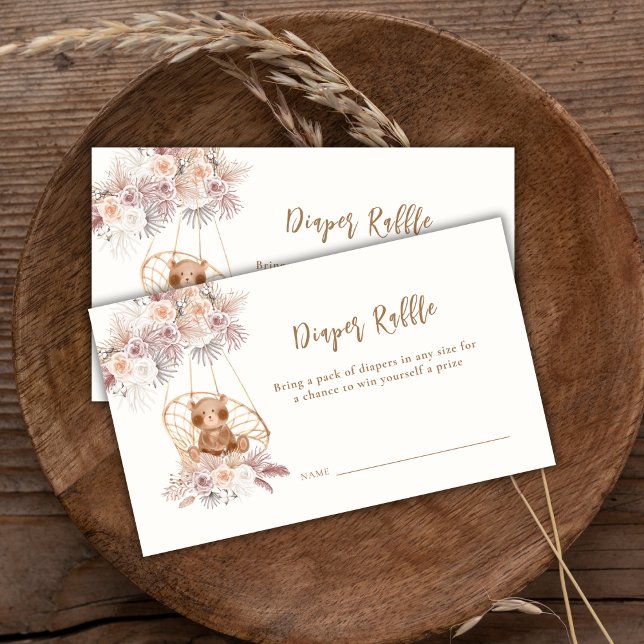 Boho Pampas Floral Bear Diaper Raffle Baby Shower Enclosure Card (Boho Pampas Floral Bear Books For Baby Shower Enclosure Card)