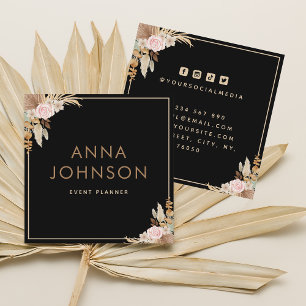 Boho Pampas Floral Black Square Business Card