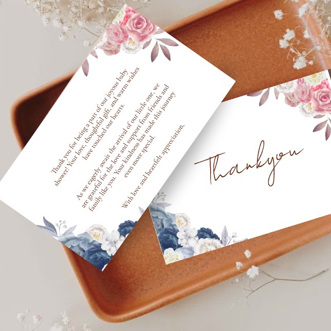 Boho Pampas Floral Blue& pINK Baby shower Thankyou Thank You Card (Creator Uploaded)