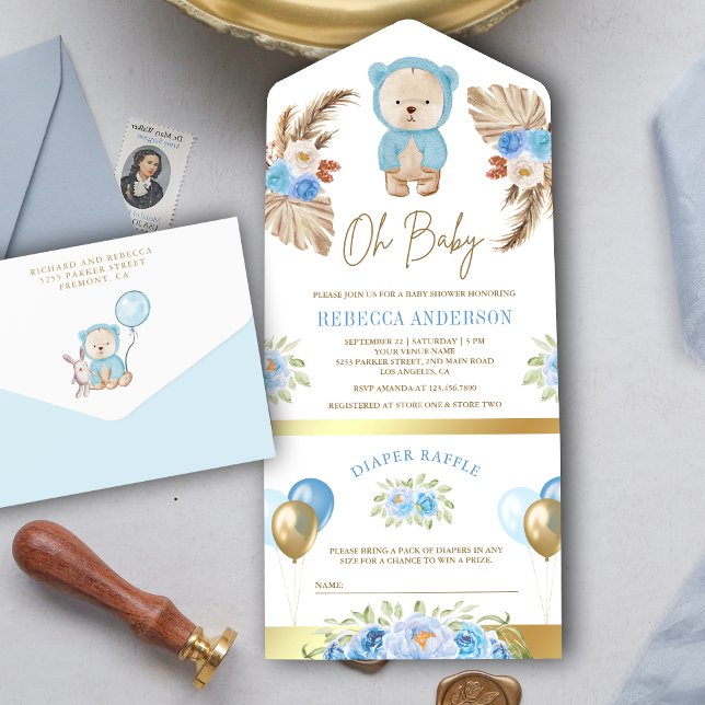 Boho Pampas Floral Blue Teddy Bear Baby Shower All In One Invitation (Creator Uploaded)